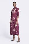 Shahin Mannan_Wine Double Crepe Embroidered Leaf Collared Side Pleated Midi Dress _Online_at_Aza_Fashions