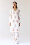 Buy_Cotton and Clay_White Cotton Hand Block Printed Floral V Neck Kurta And Trouser Set 