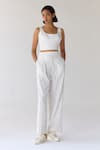 Buy_Cotton and Clay_White Modal Hand Block Printed Floral U Neck Crop Top And Pleated Trouser Set _at_Aza_Fashions