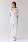 Cotton and Clay_White Modal Hand Block Printed Floral Round Pleated Top And Trouser Set _at_Aza_Fashions