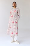 Shop_Cotton and Clay_White Cotton Hand Block Printed Floral Round Pleated Kurta Trouser Set _Online_at_Aza_Fashions