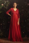 Buy_Samatvam by Anjali Bhaskar_Red Blended Georgette Embroidery Bead V Aaira Paisley Anarkali With Dupatta _at_Aza_Fashions