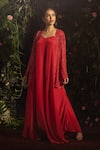 Samatvam by Anjali Bhaskar_Red Blended Crepe Embroidery Bead Jumpsuit V Neck Ember With Jacket_at_Aza_Fashions