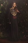 Shop_Samatvam by Anjali Bhaskar_Black Blended Georgette Embroidery Thread Round Neck Hadia Floral Anarkali _Online_at_Aza_Fashions