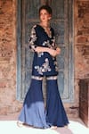 Shop_Samatvam by Anjali Bhaskar_Blue Blended Georgette Embroidery Thread Keyhole Nura Floral Kurta Lehenga Set 