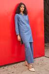 Shop_Dash and Dot_Blue 100% Cotton Solid Shirt Collar Washed Denim Top And Pant Co-ord Set_Online_at_Aza_Fashions