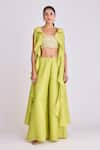 Buy_Basanti - Kapde Aur Koffee_Green Tissue Embroidered Sequins Blouse U Neck Ruffled Cape Sharara Set _at_Aza_Fashions