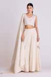 Buy_Basanti - Kapde Aur Koffee_Ivory Tissue Embroidery Mirror V Neck Blouse Skirt Set _at_Aza_Fashions