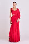 Buy_Basanti - Kapde Aur Koffee_Red Chinon Embroidery Thread Cutwork Ruffle Pre-draped Saree With Blouse _at_Aza_Fashions