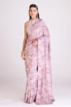 Buy_Basanti - Kapde Aur Koffee_Wine Georgette Printed Botanical Halter Neck Saree With Blouse _at_Aza_Fashions