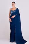 Buy_Basanti - Kapde Aur Koffee_Blue Pleated Georgette Embroidered Blouse Mirror Pre-draped Saree With _at_Aza_Fashions