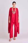 Buy_Basanti - Kapde Aur Koffee_Red Crushed Blended Silk Plain Round Neck Asymmetric Tunic Pant Set_at_Aza_Fashions