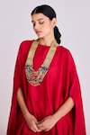 Buy_Basanti - Kapde Aur Koffee_Red Crushed Blended Silk Plain Round Neck Asymmetric Tunic Pant Set_Online_at_Aza_Fashions