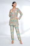Gopi Vaid_Blue Cotton Silk Printed Chevron Round Floral Top And Pant Co-ord Set_at_Aza_Fashions