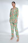 Shop_Gopi Vaid_Green Cotton Silk Printed Flower Round Top And Pant Co-ord Set
