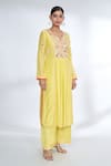 Shop_Gopi Vaid_Yellow Kurta Tussar Silk Embroidered Mirror Notched And Palazzo Set_Online_at_Aza_Fashions