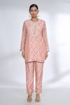 Gopi Vaid_Pink Cotton Silk Printed Flower Jaal Round Top And Pant Co-ord Set_Online_at_Aza_Fashions