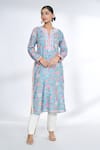 Buy_Gopi Vaid_Blue Cotton Silk Printed Floral Notched Straight Kurta _at_Aza_Fashions