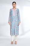 Gopi Vaid_Blue Cotton Silk Printed Floral Notched Straight Kurta _Online_at_Aza_Fashions