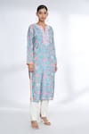 Shop_Gopi Vaid_Blue Cotton Silk Printed Floral Notched Straight Kurta _Online_at_Aza_Fashions