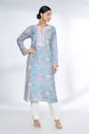 Gopi Vaid_Blue Cotton Silk Printed Floral Notched Straight Kurta _at_Aza_Fashions