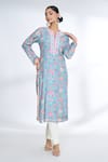 Buy_Gopi Vaid_Blue Cotton Silk Printed Floral Notched Straight Kurta 