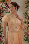 Preeti S Kapoor_Peach Georgette Embroidered Pre-draped Saree With Fringe Embellished Blouse _Online