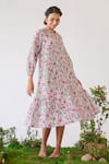 Baise Gaba_Pink Check Cotton Printed Floral Notched Blossom Breeze Dress_Online_at_Aza_Fashions