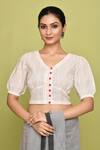 Buy_Nazaakat by Samara Singh_Off White Cotton Embroidered Kantha V-neck Blouse_at_Aza_Fashions