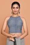 Buy_Nazaakat by Samara Singh_Blue Cotton Hand Block Printed Stripe Round Neck Blouse_at_Aza_Fashions