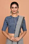 Nazaakat by Samara Singh_Blue Cotton Hand Block Printed Stripe Round Neck Blouse_Online_at_Aza_Fashions