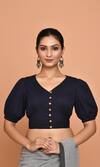 Buy_Nazaakat by Samara Singh_Blue Cotton Plain V Neck Puff Sleeve Solid Blouse_at_Aza_Fashions