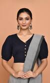 Nazaakat by Samara Singh_Blue Cotton Plain V Neck Puff Sleeve Solid Blouse_Online_at_Aza_Fashions