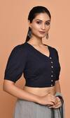 Buy_Nazaakat by Samara Singh_Blue Cotton Plain V Neck Puff Sleeve Solid Blouse_Online_at_Aza_Fashions