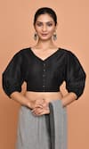 Buy_Nazaakat by Samara Singh_Black Cotton Silk Solid V Neck Front Placket Blouse_at_Aza_Fashions