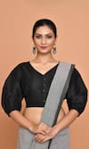 Nazaakat by Samara Singh_Black Cotton Silk Solid V Neck Front Placket Blouse_Online_at_Aza_Fashions