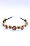 Shop Foot Fuel Gold Crystals, Beads And Red Floral Carved Hairband at Aza Fashions Shop_Foot Fuel_Gold Crystals, Beads And Red Floral Carved Hairband _at_Aza_Fashions