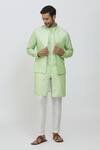 Rng Safawala Green Cotton, Linen, Silk Embroidery Block Print Jacket Kurta Set at Aza Fashions Rng Safawala_Green Cotton, Linen, Silk Embroidery Block Print Jacket Kurta Set _at_Aza_Fashions
