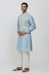 RNG Safawala_Sky Blue Raw / Cotton Block Print Geometric Jacket With Kurta Set _at_Aza_Fashions