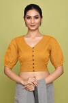Buy_Nazaakat by Samara Singh_Yellow Cotton Solid V-neck Blouse_at_Aza_Fashions