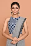 Nazaakat by Samara Singh_Blue Cotton Hand Block Printed Geometric Round Neck Blouse_Online_at_Aza_Fashions
