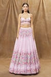 Buy_Label Priyanka Kar_Pink Cotton, Linen Tassels, Embroidery Sweetheart Abstract Floral Lehenga Set 