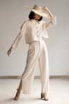 Buy_ORIGANI_White Linen Blend Rose Lace Patchwork Collared Shirt And Pant Co-ord Set _at_Aza_Fashions