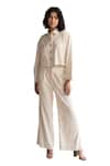 ORIGANI_White Linen Blend Rose Lace Patchwork Collared Shirt And Pant Co-ord Set _Online_at_Aza_Fashions