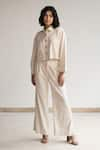 Buy_ORIGANI_White Linen Blend Rose Lace Patchwork Collared Shirt And Pant Co-ord Set _Online_at_Aza_Fashions