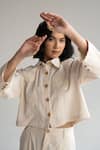 ORIGANI_White Linen Blend Rose Lace Patchwork Collared Shirt And Pant Co-ord Set _at_Aza_Fashions