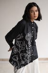 ORIGANI_Black Cotton Embroidered Flora And Fauna Collared Contrast Asymmetric Shirt _Online_at_Aza_Fashions