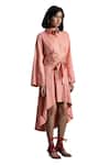 Buy_ORIGANI_Peach Linen Blend Embroidered Floral Collared Solid Asymmetric Shirt Dress_Online_at_Aza_Fashions