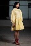 Buy_ORIGANI_Yellow Cotton Embroidered Dandelion Round Neck Tiered Dress_Online_at_Aza_Fashions