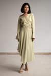 ORIGANI_Green Linen Blend Embroidered Butterfly V Neck Wrap Around Blouse_Online_at_Aza_Fashions